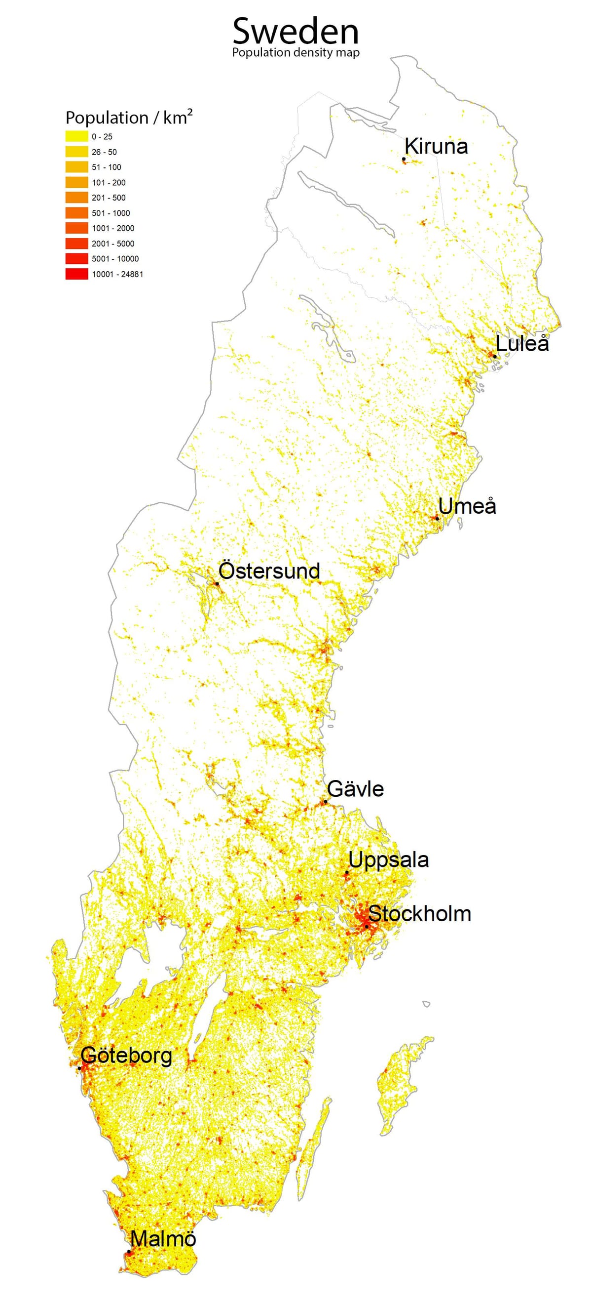 densidade populacional mapa da Suécia