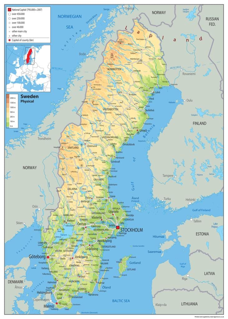 mapa físico da Suécia
