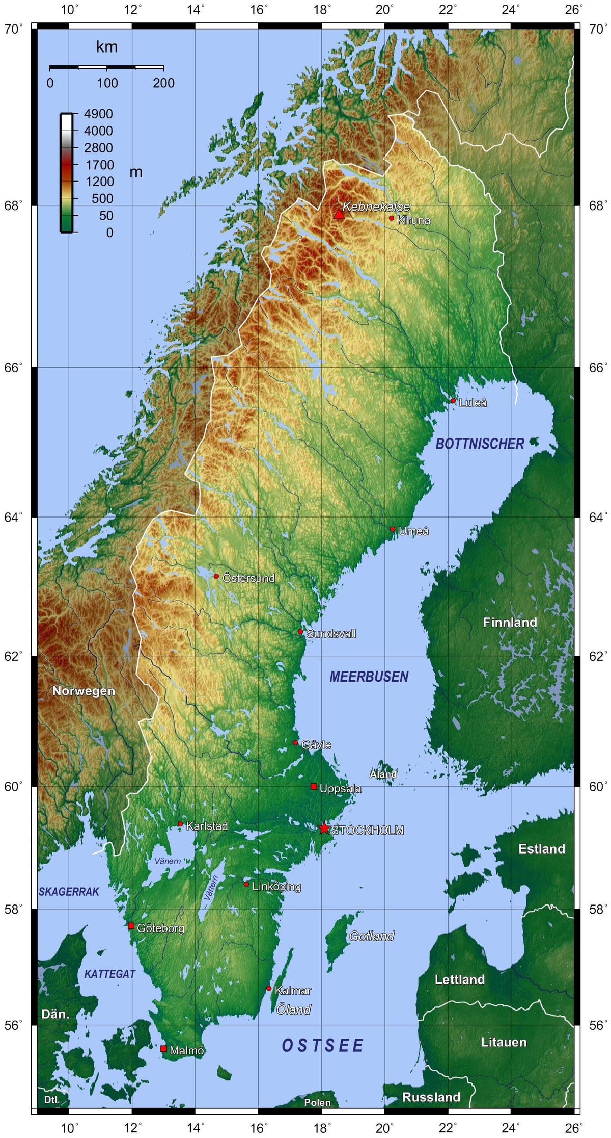 mapa topográfico da Suécia