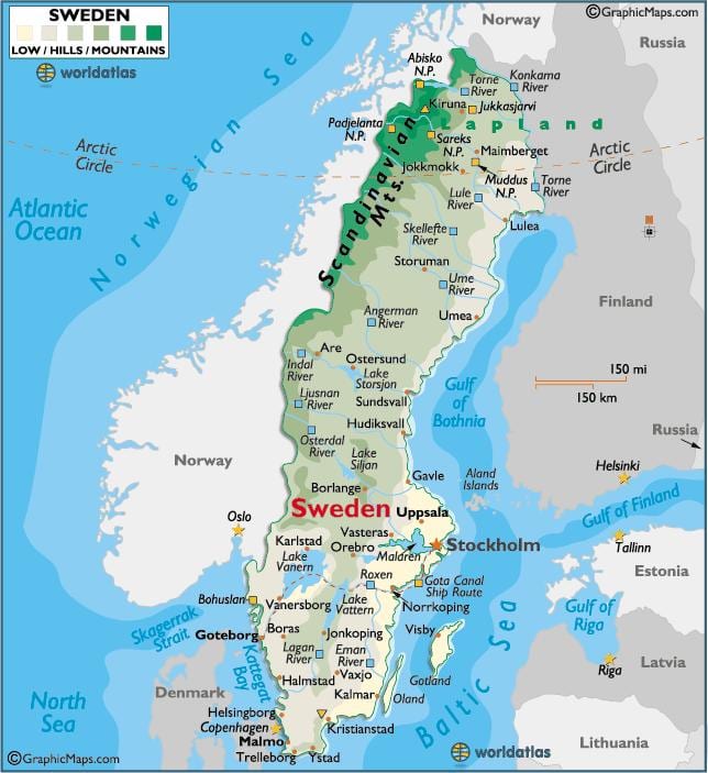 montanhas na Suécia mapa